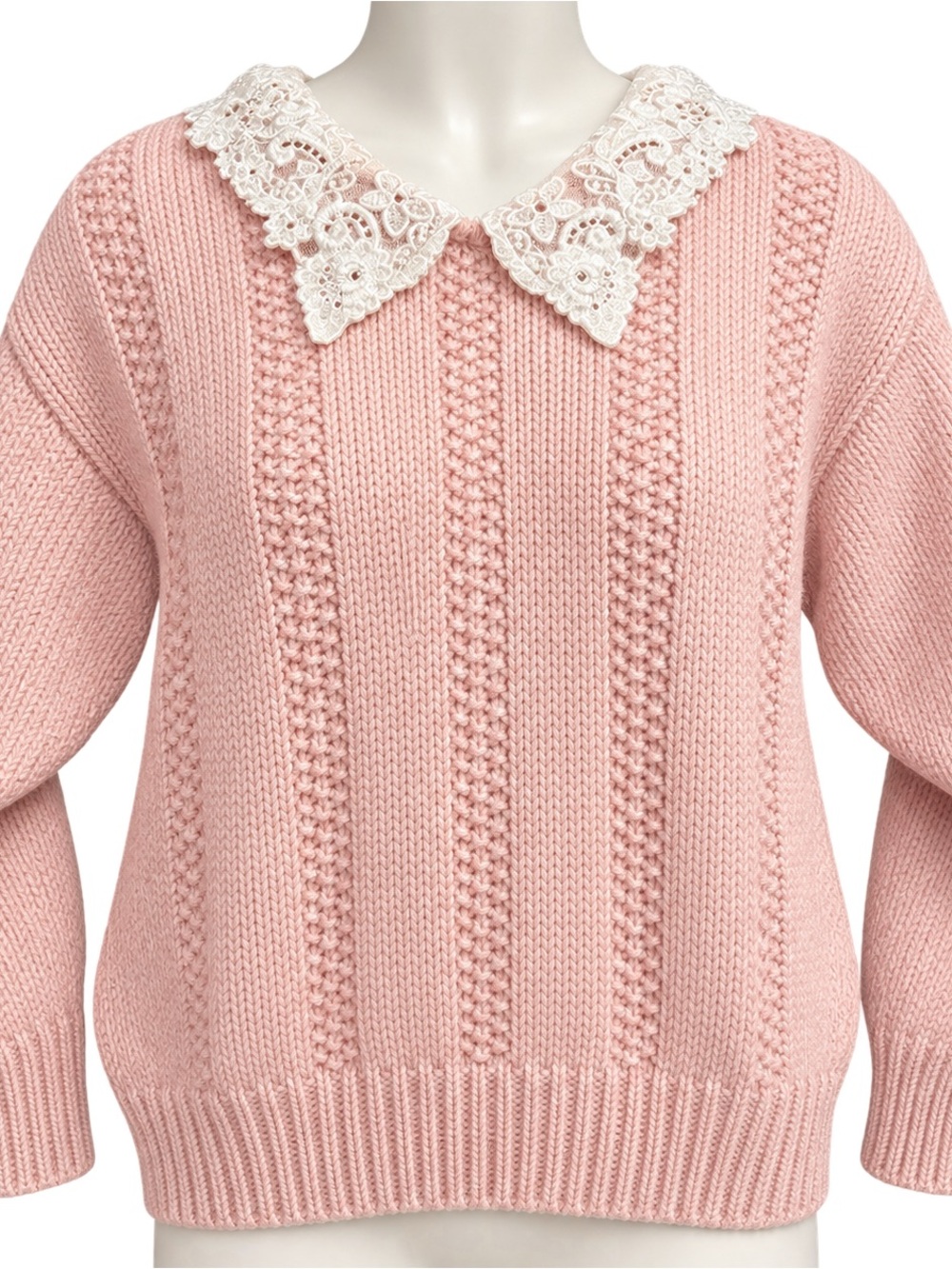 Vintage CHAUS Pink Silk Blend Sweater Lace Peter Pan Collar Cottagecore Size M - Picture 2 of 4